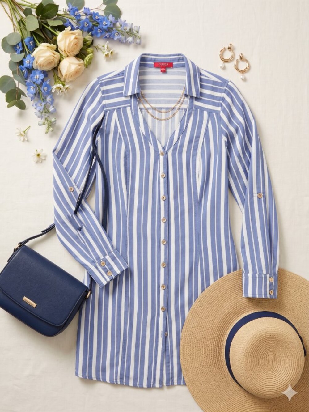GUESS Blue and White Vertical Stripe Button-Down Dress